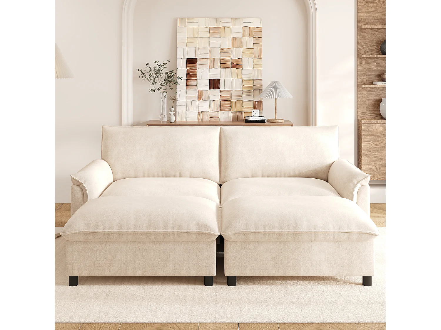 Canapé moderne 216 × 77 × 82 cm - avec 2 repose-pieds mobiles - avec espace de rangement - Chenille - Beige