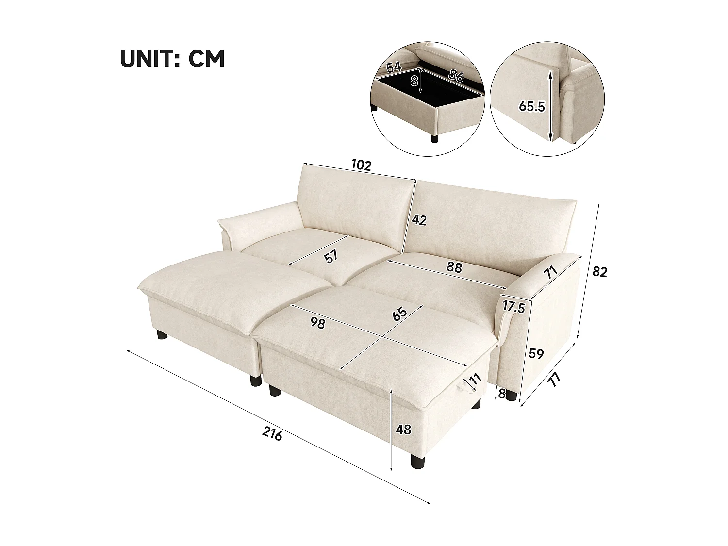 Canapé moderne 216 × 77 × 82 cm - avec 2 repose-pieds mobiles - avec espace de rangement - Chenille - Beige