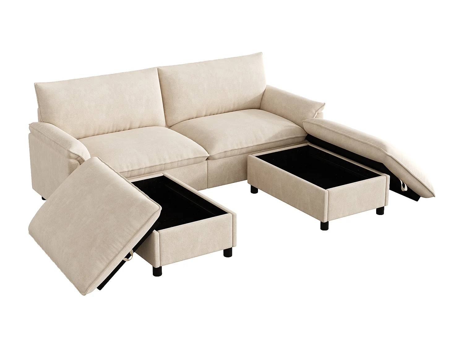 Canapé moderne 216 × 77 × 82 cm - avec 2 repose-pieds mobiles - avec espace de rangement - Chenille - Beige