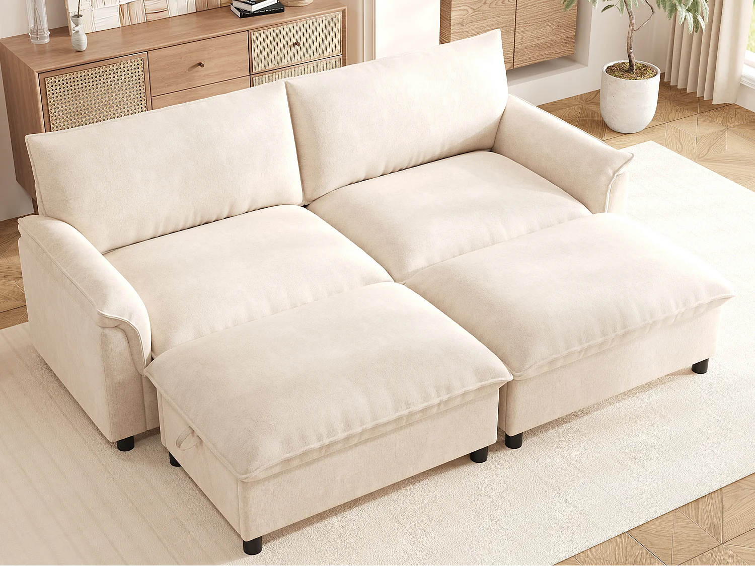 Canapé moderne 216 × 77 × 82 cm - avec 2 repose-pieds mobiles - avec espace de rangement - Chenille - Beige