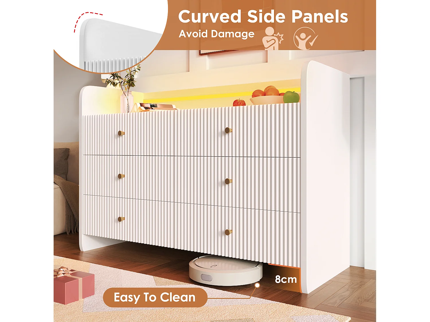 Low sideboard with LED lighting - With 6 drawers - White