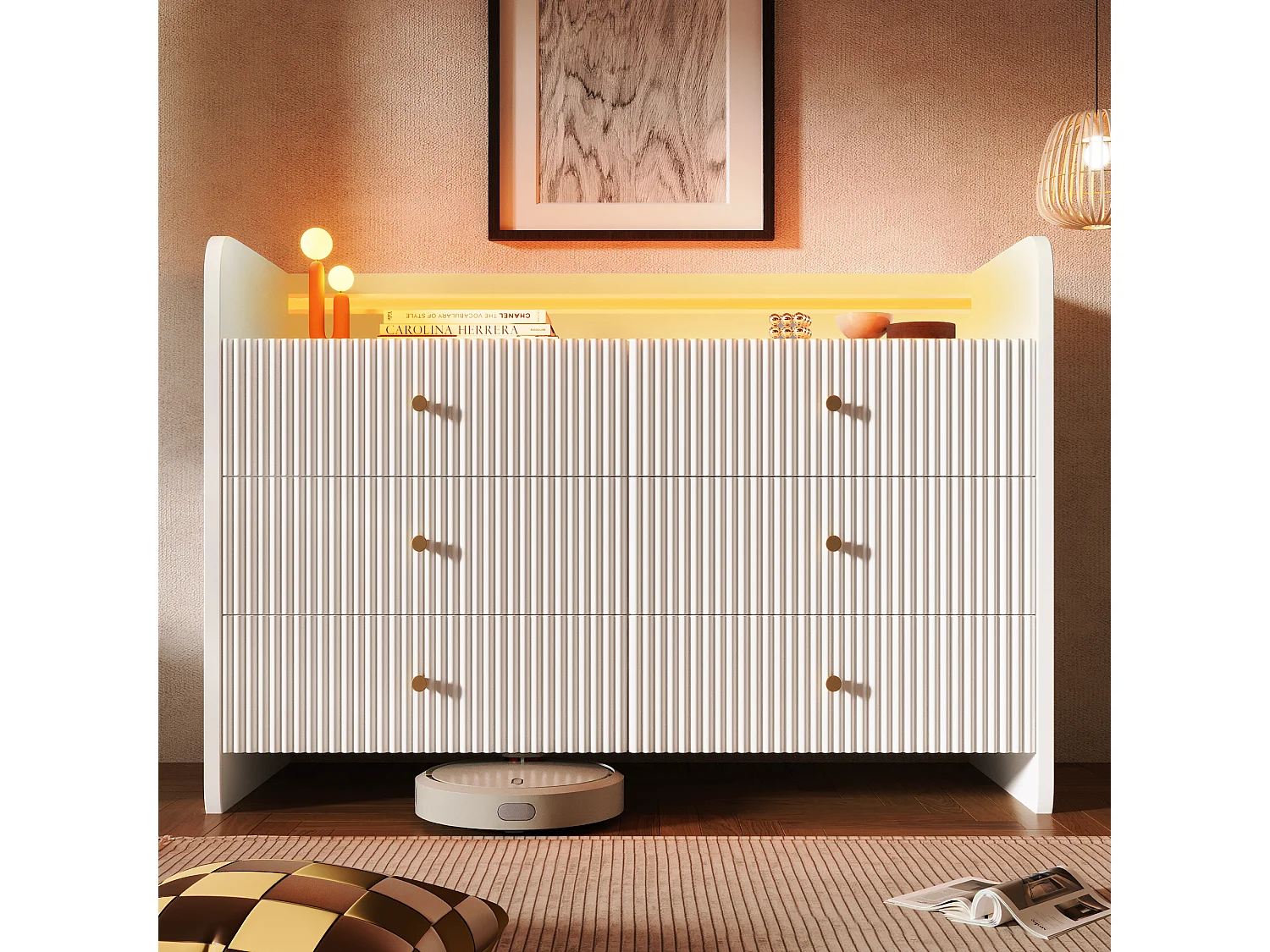 Low sideboard with LED lighting - With 6 drawers - White