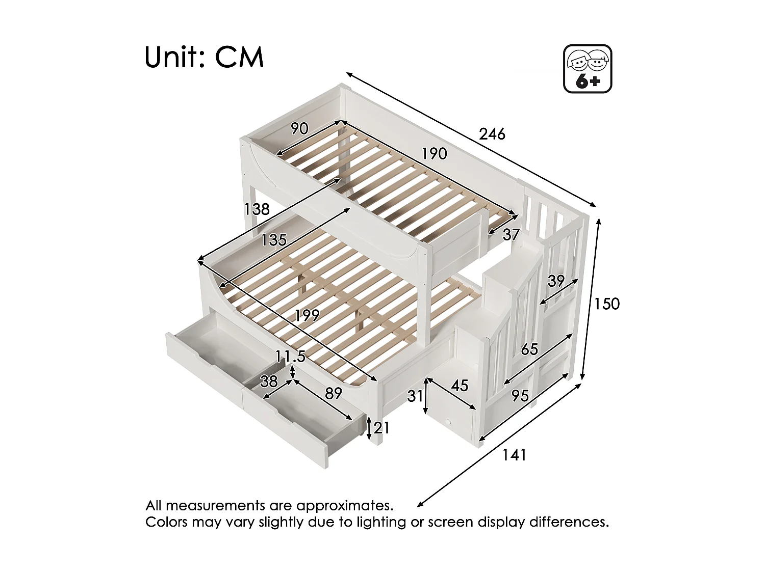 Bunk bed 90x190cm + 135x190cm - staircase with storage - with 2 drawers - Solid wood + MDF - White (mattress not included)