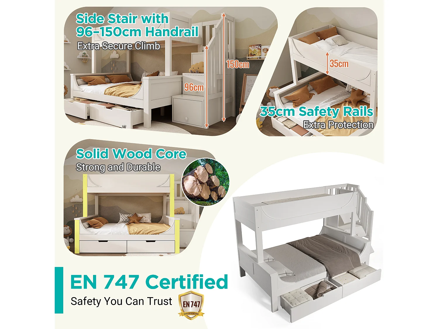 Bunk bed 90x190cm + 135x190cm - staircase with storage - with 2 drawers - Solid wood + MDF - White (mattress not included)