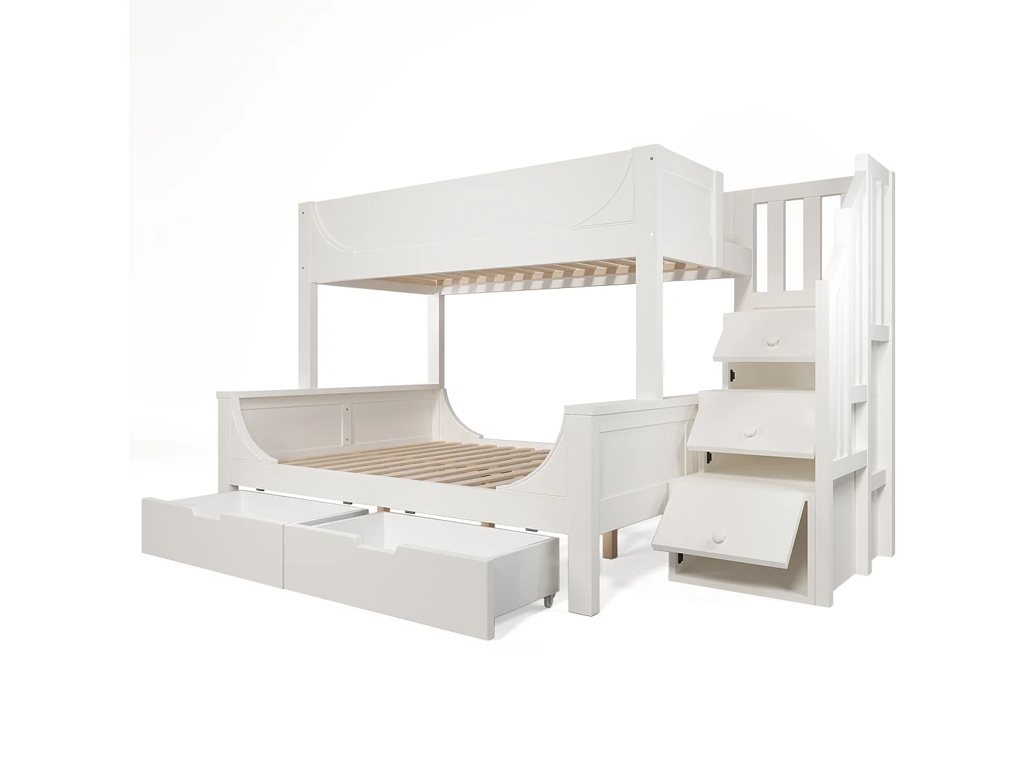 Bunk bed 90x190cm + 135x190cm - staircase with storage - with 2 drawers - Solid wood + MDF - White (mattress not included)
