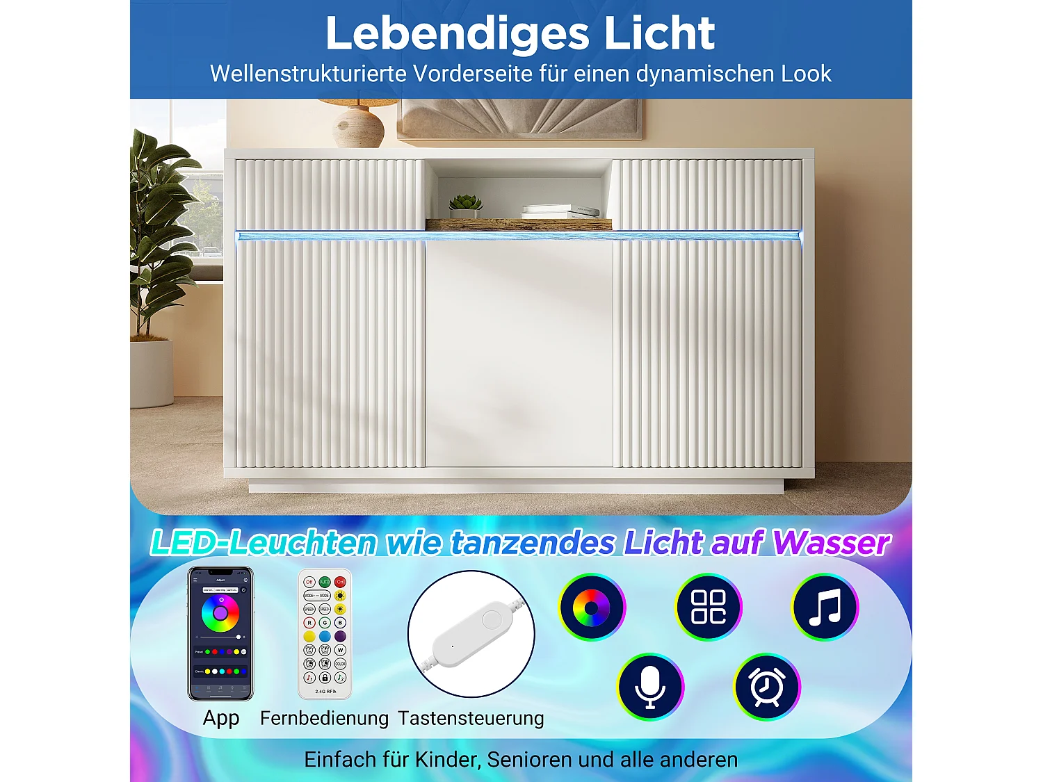 Buffet moderne 140 x 40 x 85 cm - avec éclairage LED - 2 tiroirs et 3 portes - étagères intérieures réglables - blanc