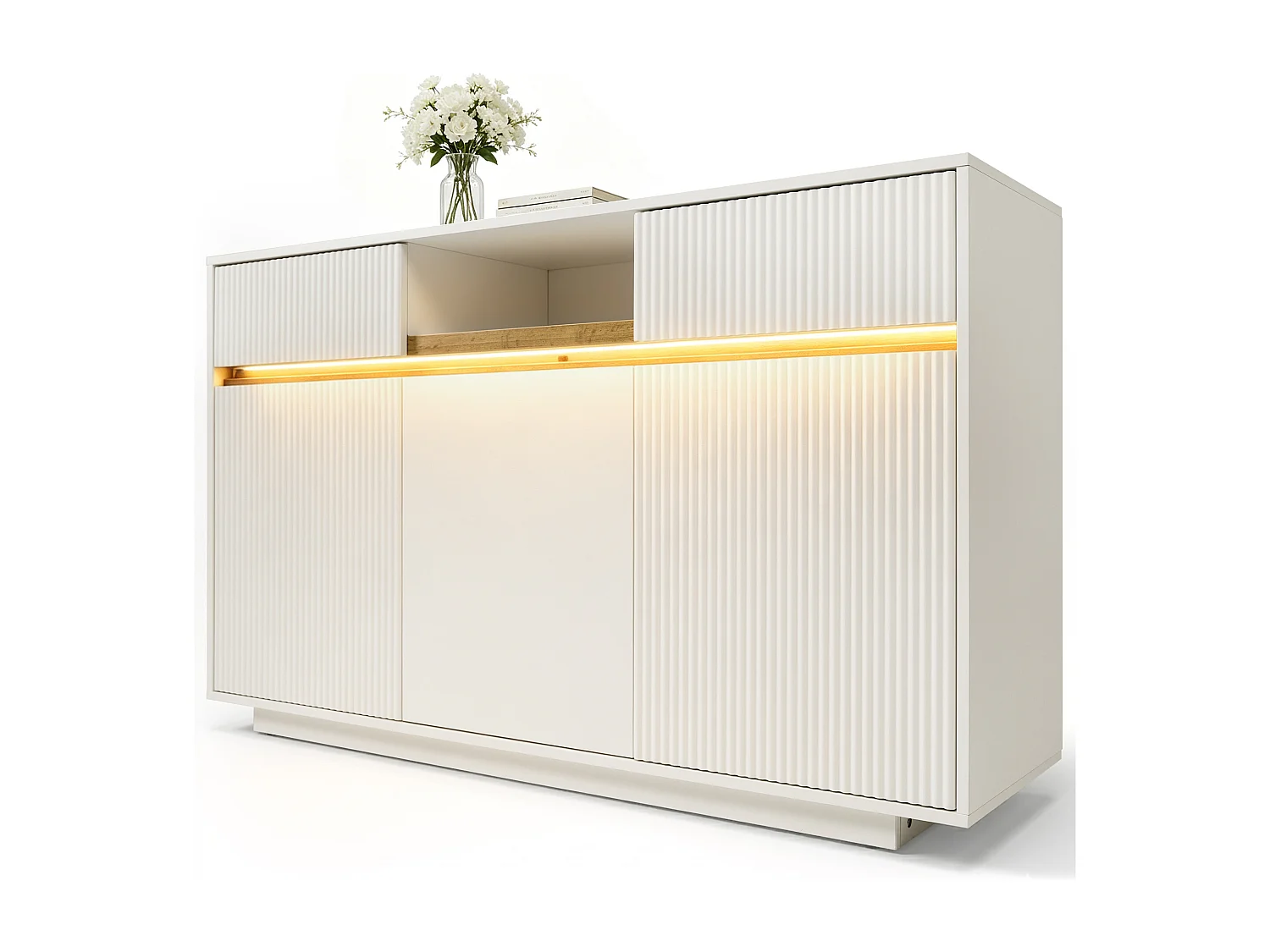 Buffet moderne 140 x 40 x 85 cm - avec éclairage LED - 2 tiroirs et 3 portes - étagères intérieures réglables - blanc
