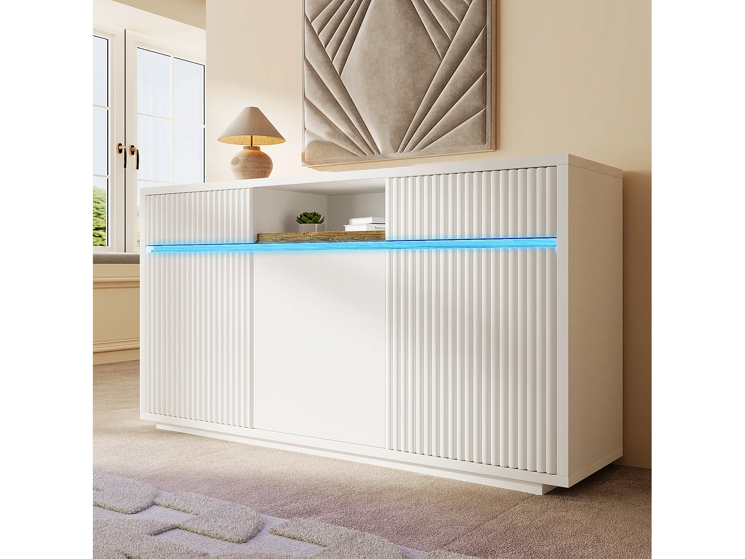 Buffet moderne 140 x 40 x 85 cm - avec éclairage LED - 2 tiroirs et 3 portes - étagères intérieures réglables - blanc