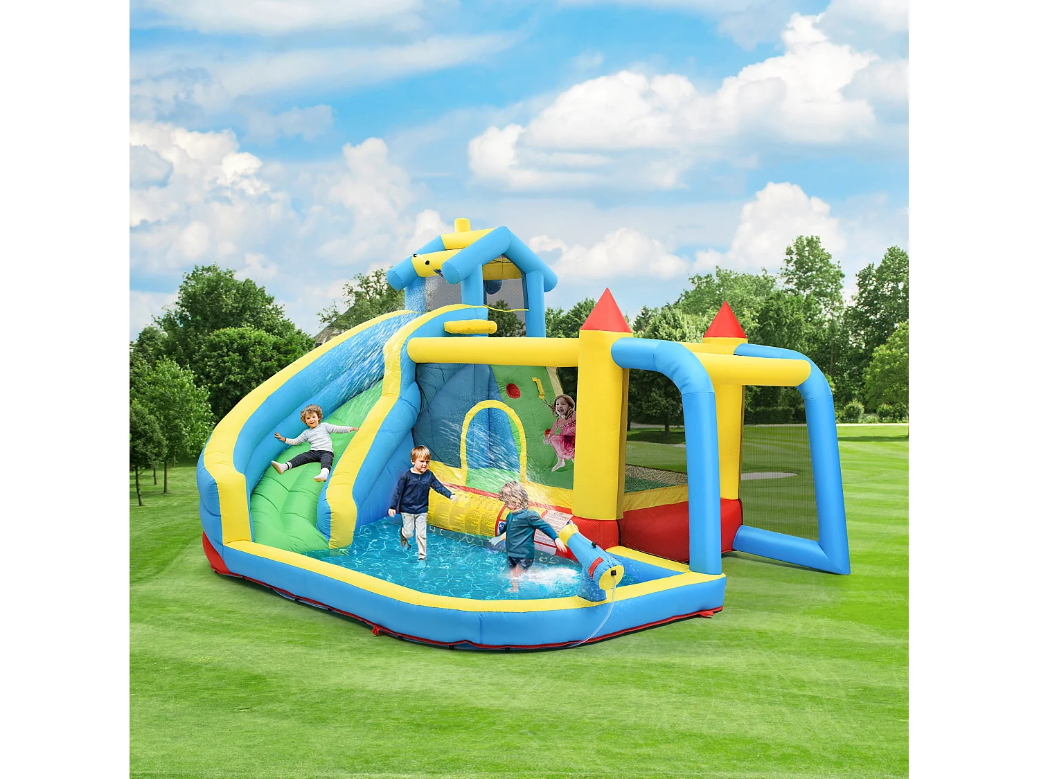 Château gonflable pour enfants - convient aux enfants de 3 à 10 ans - avec toboggans, zone de saut, piscine et but de football - bleu