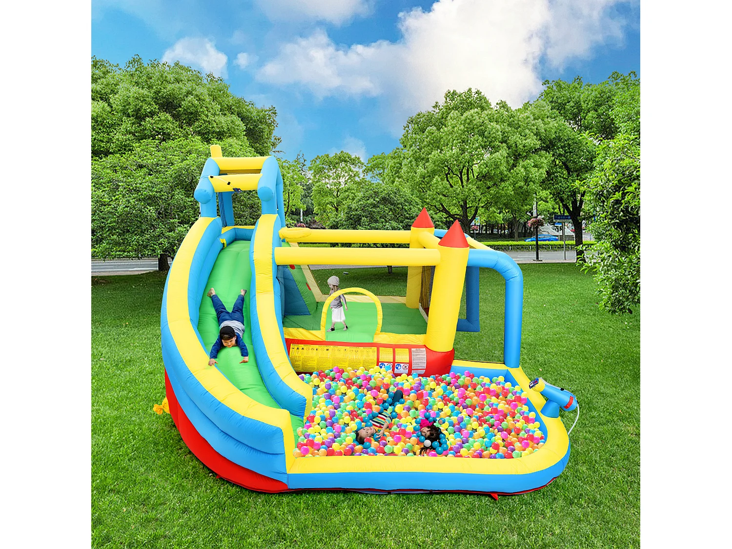 Château gonflable pour enfants - convient aux enfants de 3 à 10 ans - avec toboggans, zone de saut, piscine et but de football - bleu