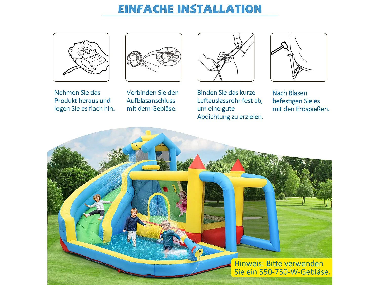 Château gonflable pour enfants - convient aux enfants de 3 à 10 ans - avec toboggans, zone de saut, piscine et but de football - bleu