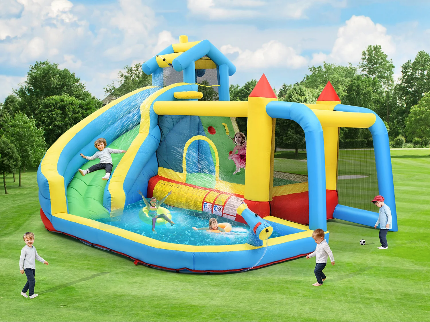 Château gonflable pour enfants - convient aux enfants de 3 à 10 ans - avec toboggans, zone de saut, piscine et but de football - bleu