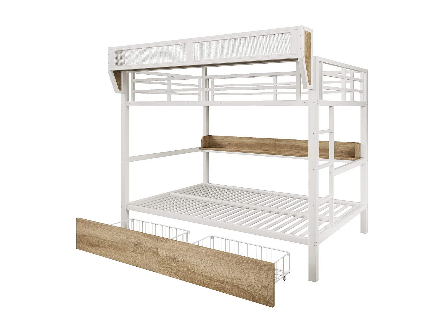 Lit superposé 140 x 200 cm - Structure en fer forgé - avec étagères - avec 2 tiroirs - avec éclairage LED - Blanc (matelas non inclus)
