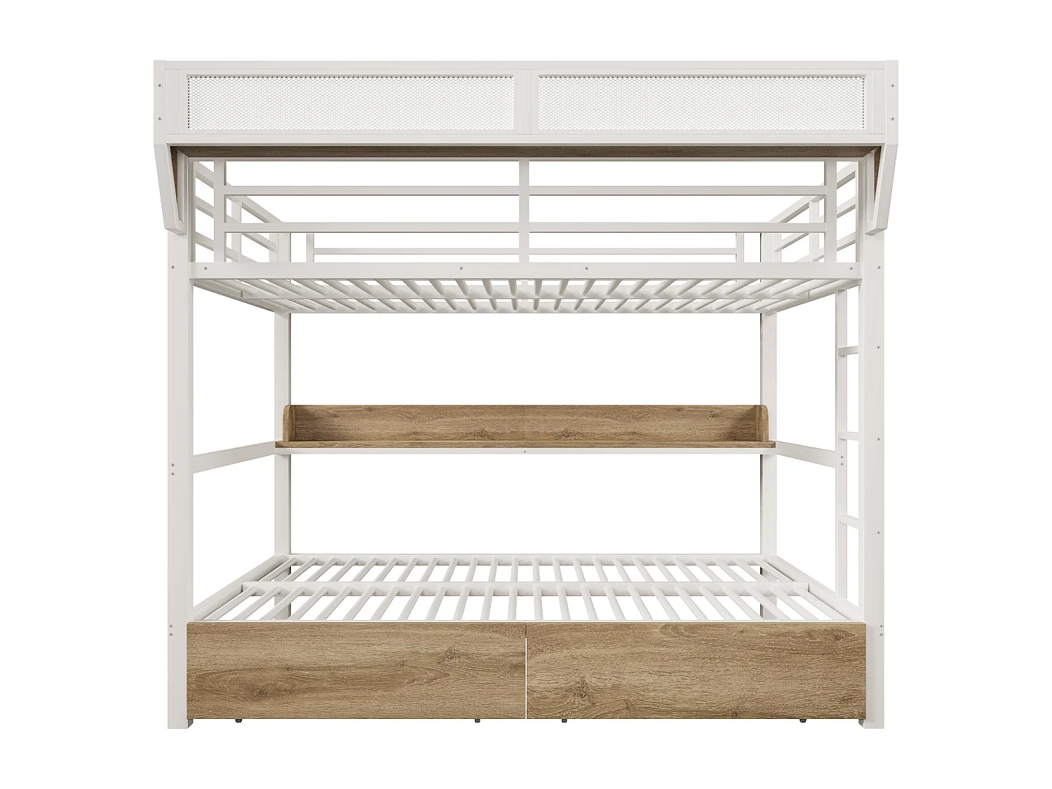 Lit superposé 140 x 200 cm - Structure en fer forgé - avec étagères - avec 2 tiroirs - avec éclairage LED - Blanc (matelas non inclus)