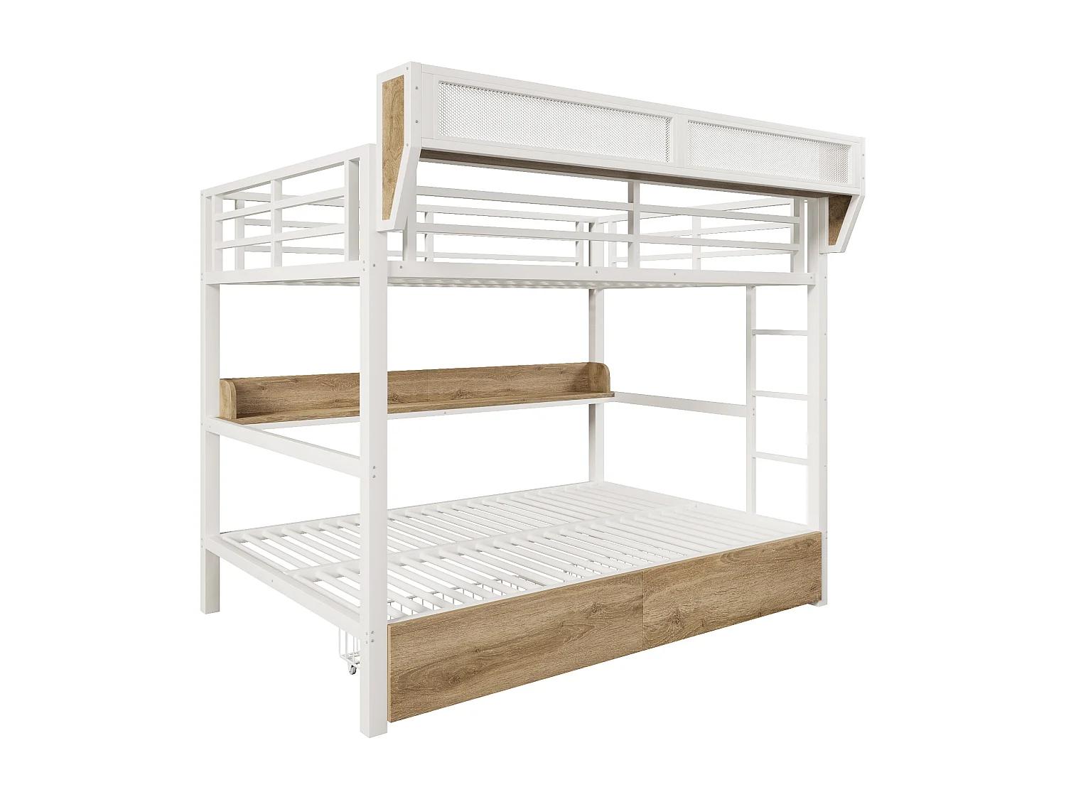 Lit superposé 140 x 200 cm - Structure en fer forgé - avec étagères - avec 2 tiroirs - avec éclairage LED - Blanc (matelas non inclus)