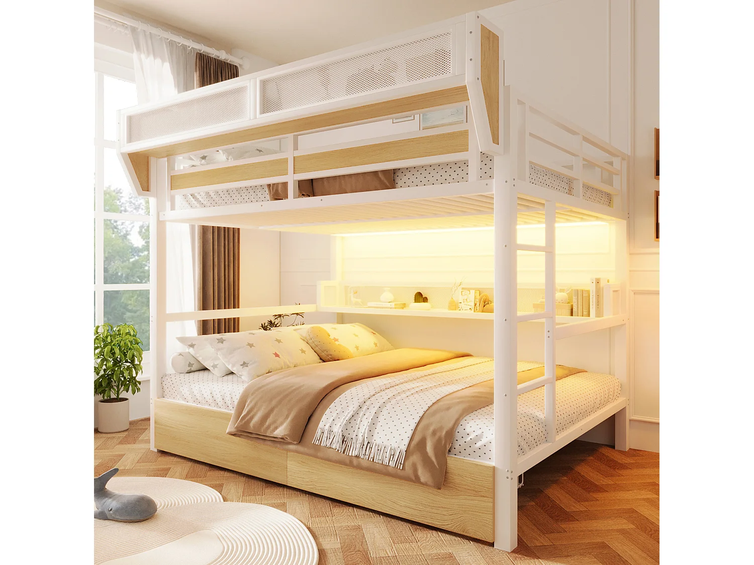 Lit superposé 140 x 200 cm - Structure en fer forgé - avec étagères - avec 2 tiroirs - avec éclairage LED - Blanc (matelas non inclus)