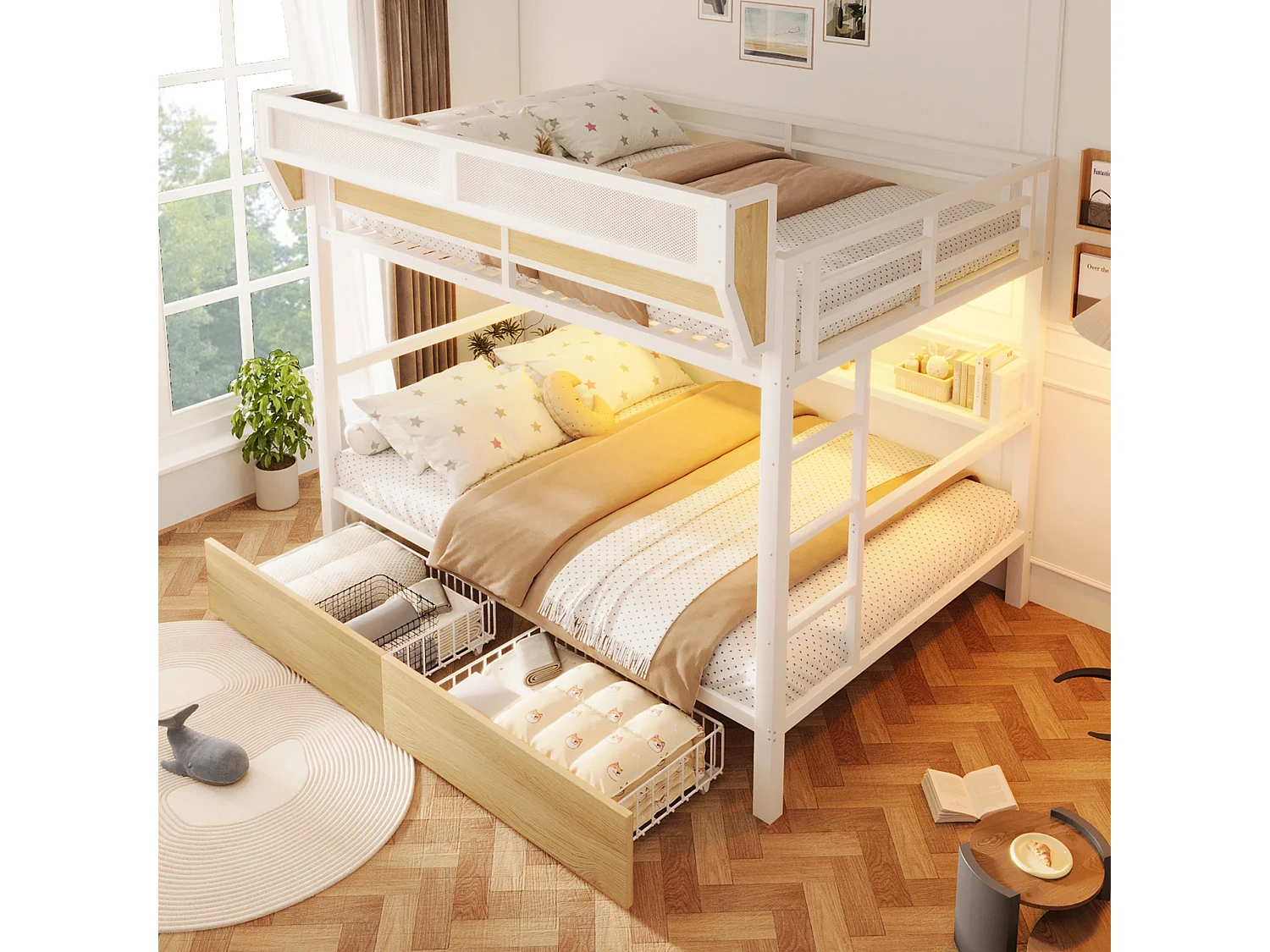 Lit superposé 140 x 200 cm - Structure en fer forgé - avec étagères - avec 2 tiroirs - avec éclairage LED - Blanc (matelas non inclus)