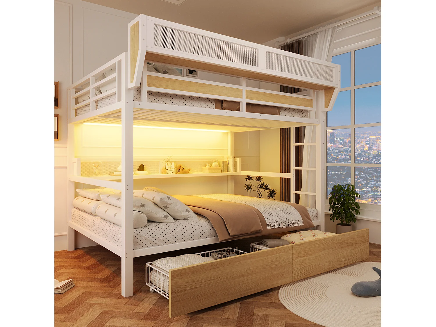 Lit superposé 140 x 200 cm - Structure en fer forgé - avec étagères - avec 2 tiroirs - avec éclairage LED - Blanc (matelas non inclus)