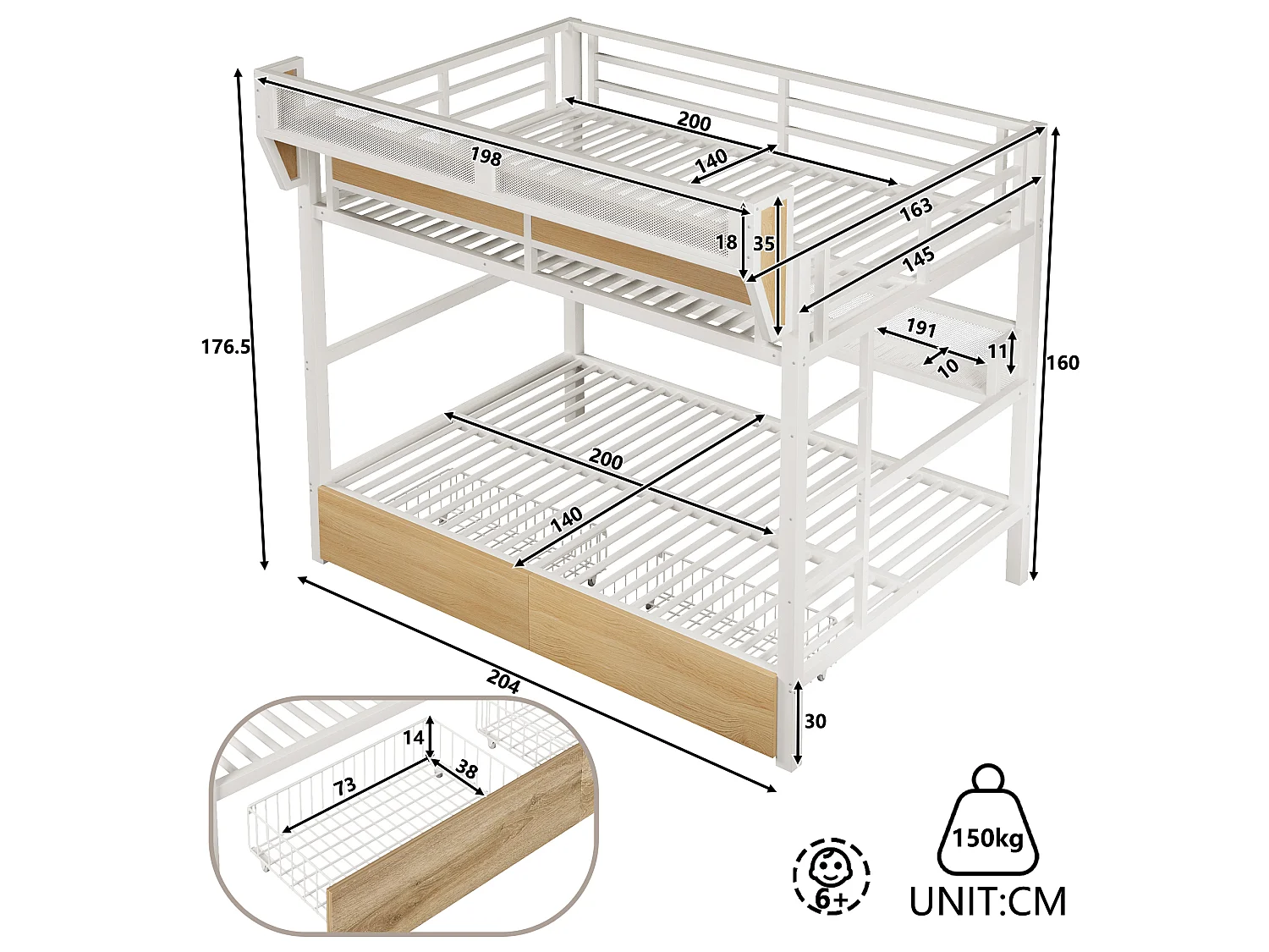 Lit superposé 140 x 200 cm - Structure en fer forgé - avec étagères - avec 2 tiroirs - avec éclairage LED - Blanc (matelas non inclus)