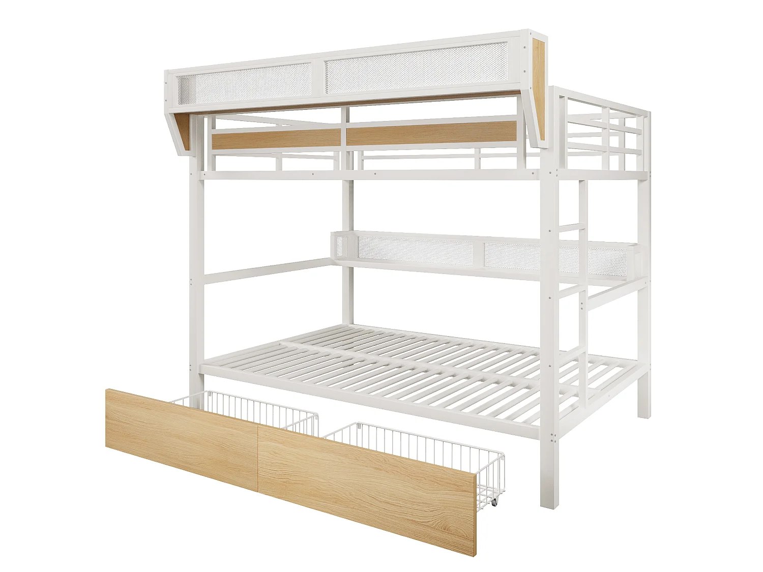 Lit superposé 140 x 200 cm - Structure en fer forgé - avec étagères - avec 2 tiroirs - avec éclairage LED - Blanc (matelas non inclus)