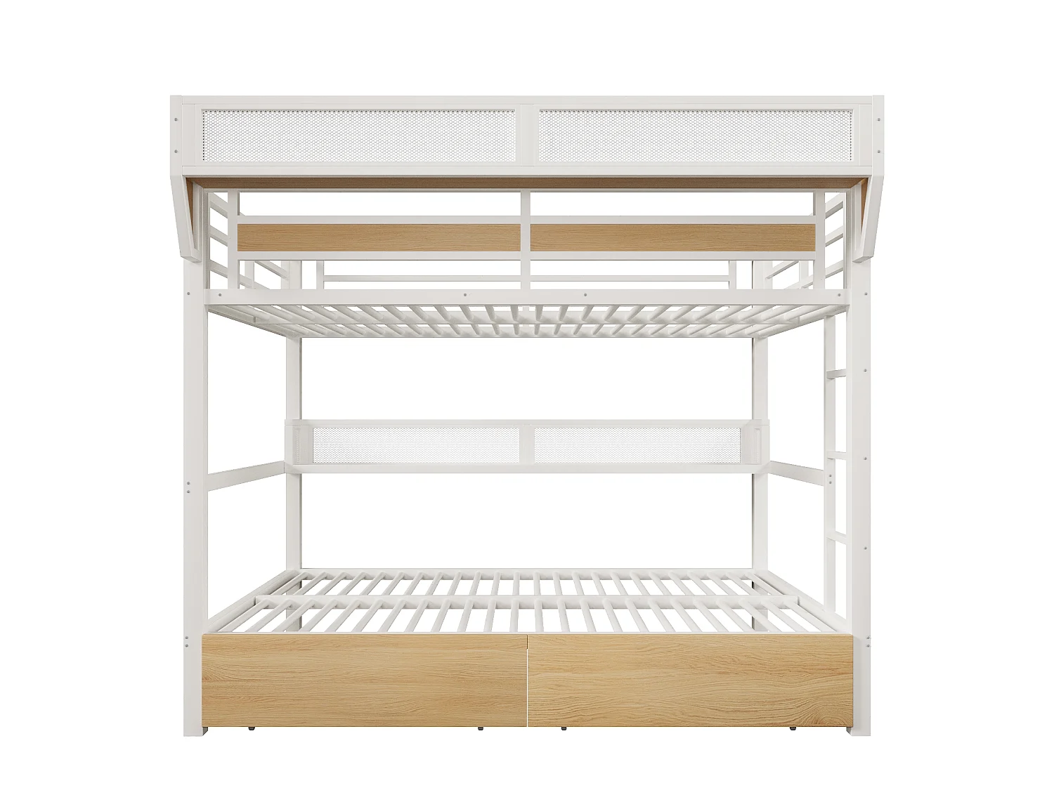 Lit superposé 140 x 200 cm - Structure en fer forgé - avec étagères - avec 2 tiroirs - avec éclairage LED - Blanc (matelas non inclus)