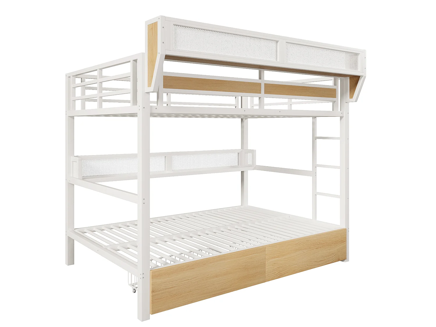 Lit superposé 140 x 200 cm - Structure en fer forgé - avec étagères - avec 2 tiroirs - avec éclairage LED - Blanc (matelas non inclus)