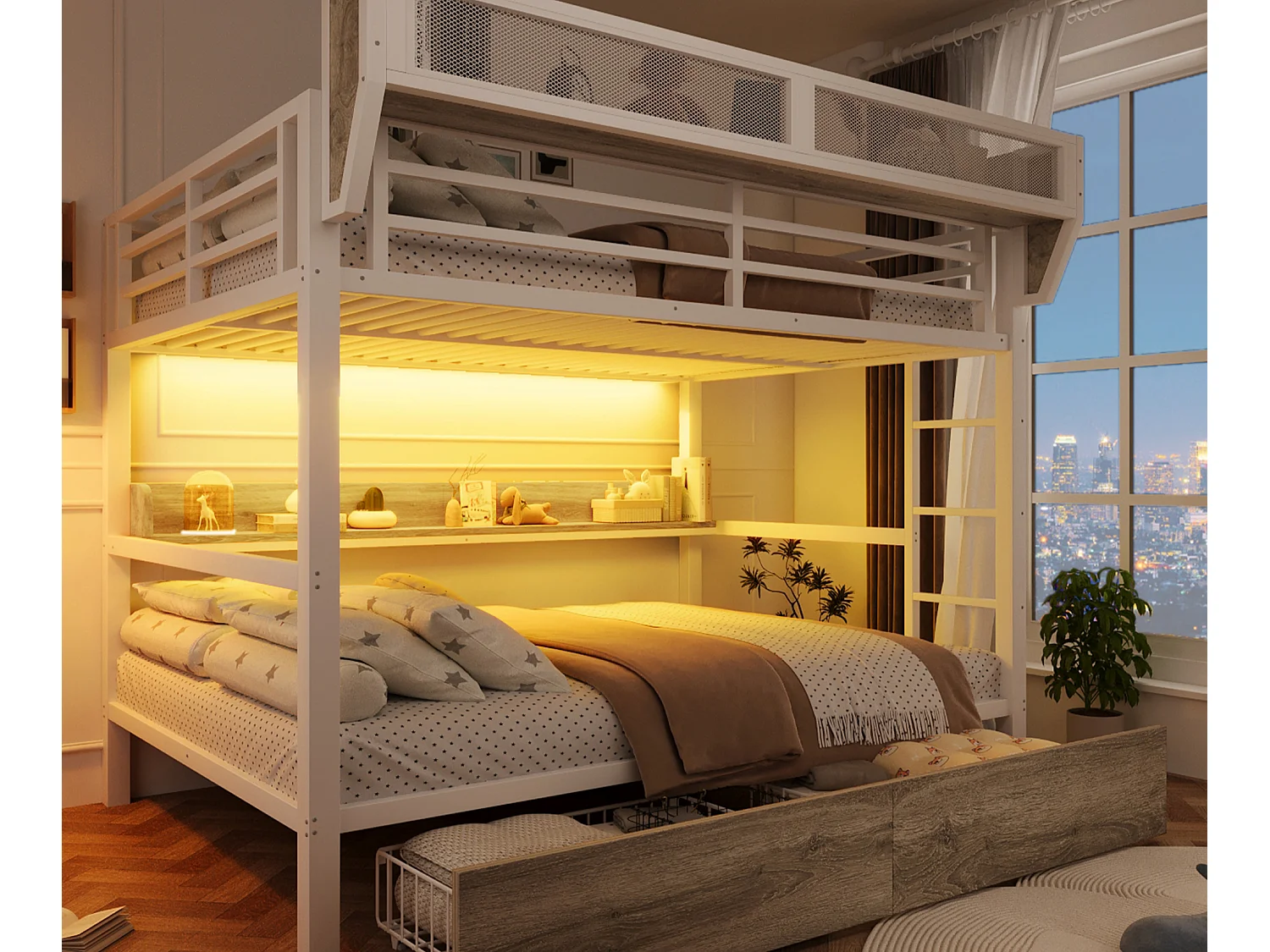Lit superposé 140 x 200 cm - Structure en fer forgé - avec étagères - avec 2 tiroirs - avec éclairage LED - Blanc (matelas non inclus)