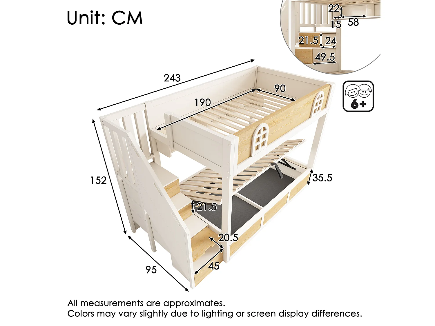 Bunk bed 90x190cm - Lower bed with storage space - Staircase with storage - with safety rail - White + Natural