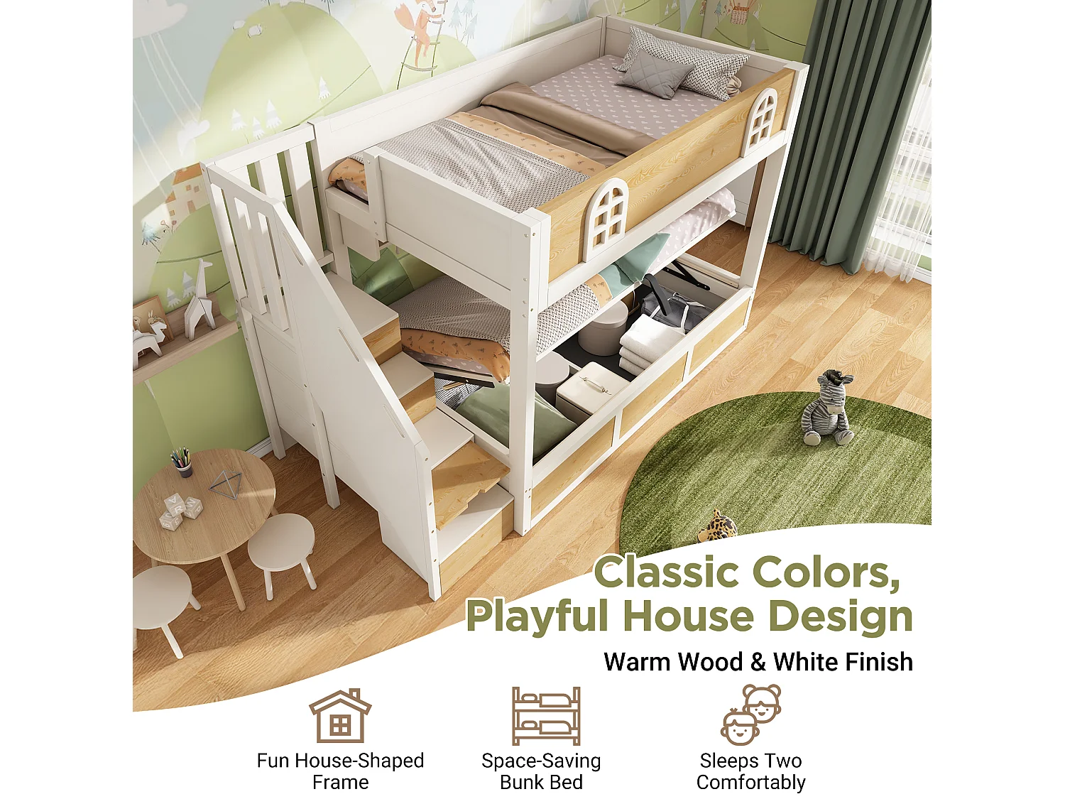 Bunk bed 90x190cm - Lower bed with storage space - Staircase with storage - with safety rail - White + Natural