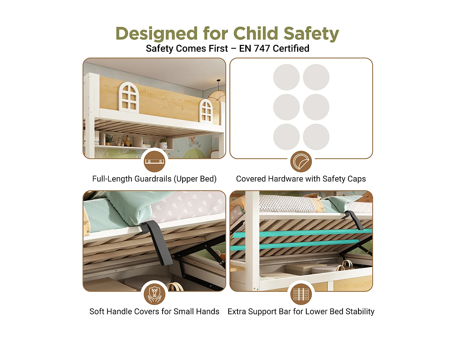 Bunk bed 90x190cm - Lower bed with storage space - Staircase with storage - with safety rail - White + Natural