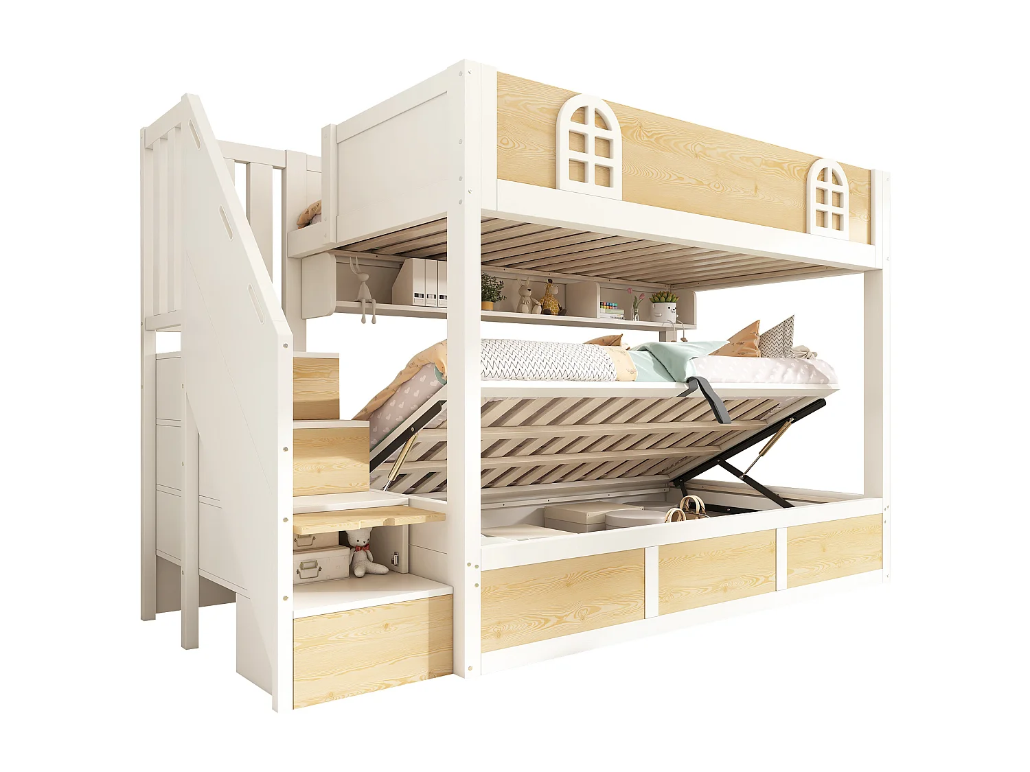 Bunk bed 90x190cm - Lower bed with storage space - Staircase with storage - with safety rail - White + Natural