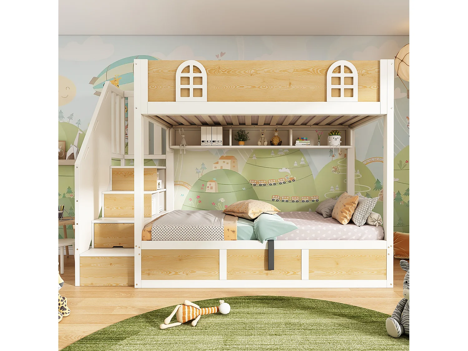 Bunk bed 90x190cm - Lower bed with storage space - Staircase with storage - with safety rail - White + Natural