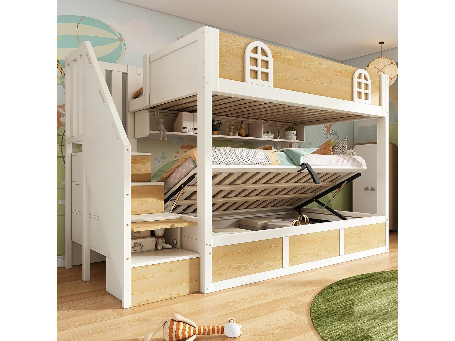 Bunk bed 90x190cm - Lower bed with storage space - Staircase with storage - with safety rail - White + Natural
