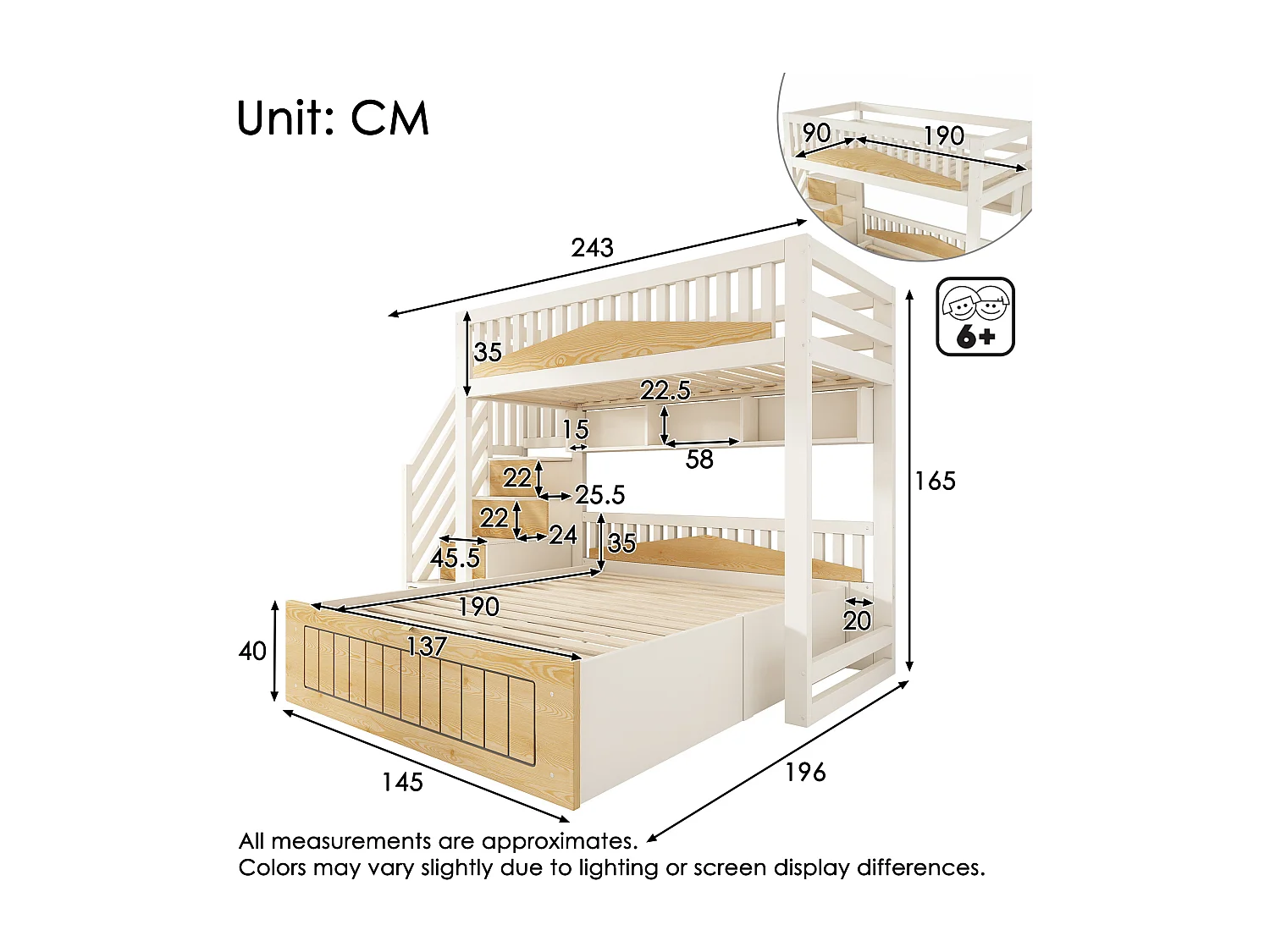 Bunk bed 90x190cm + 135x190cm - Lower bed with storage space - Staircase with storage - with USB port - White+Natural (mattress not included)