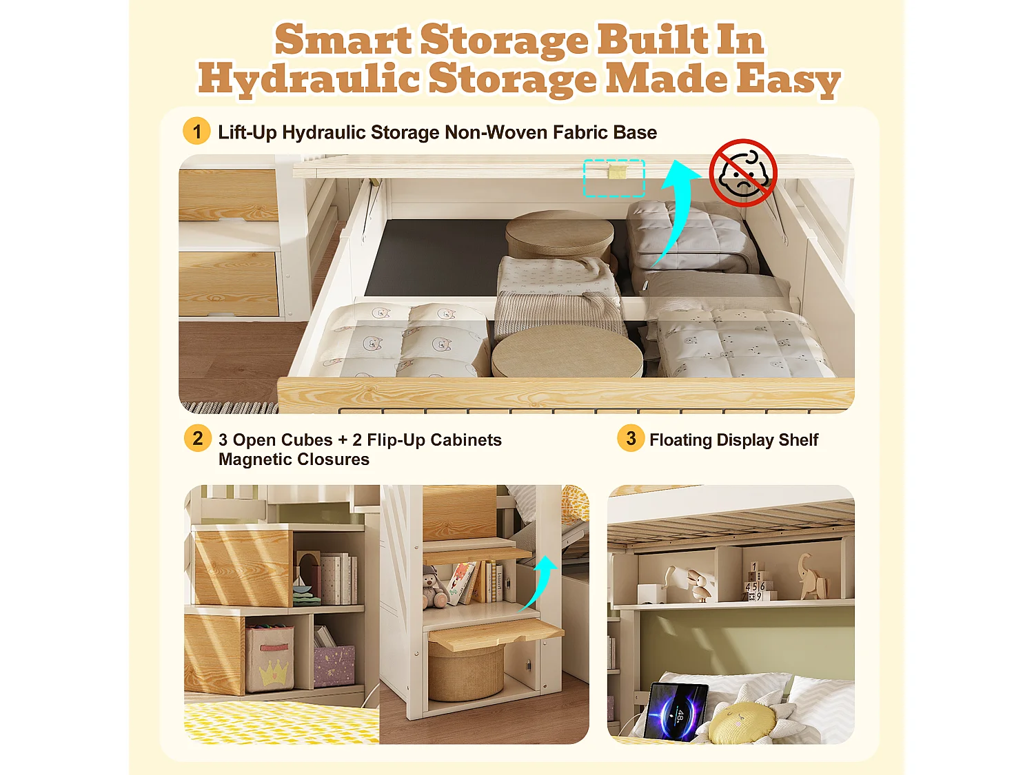 Bunk bed 90x190cm + 135x190cm - Lower bed with storage space - Staircase with storage - with USB port - White+Natural (mattress not included)