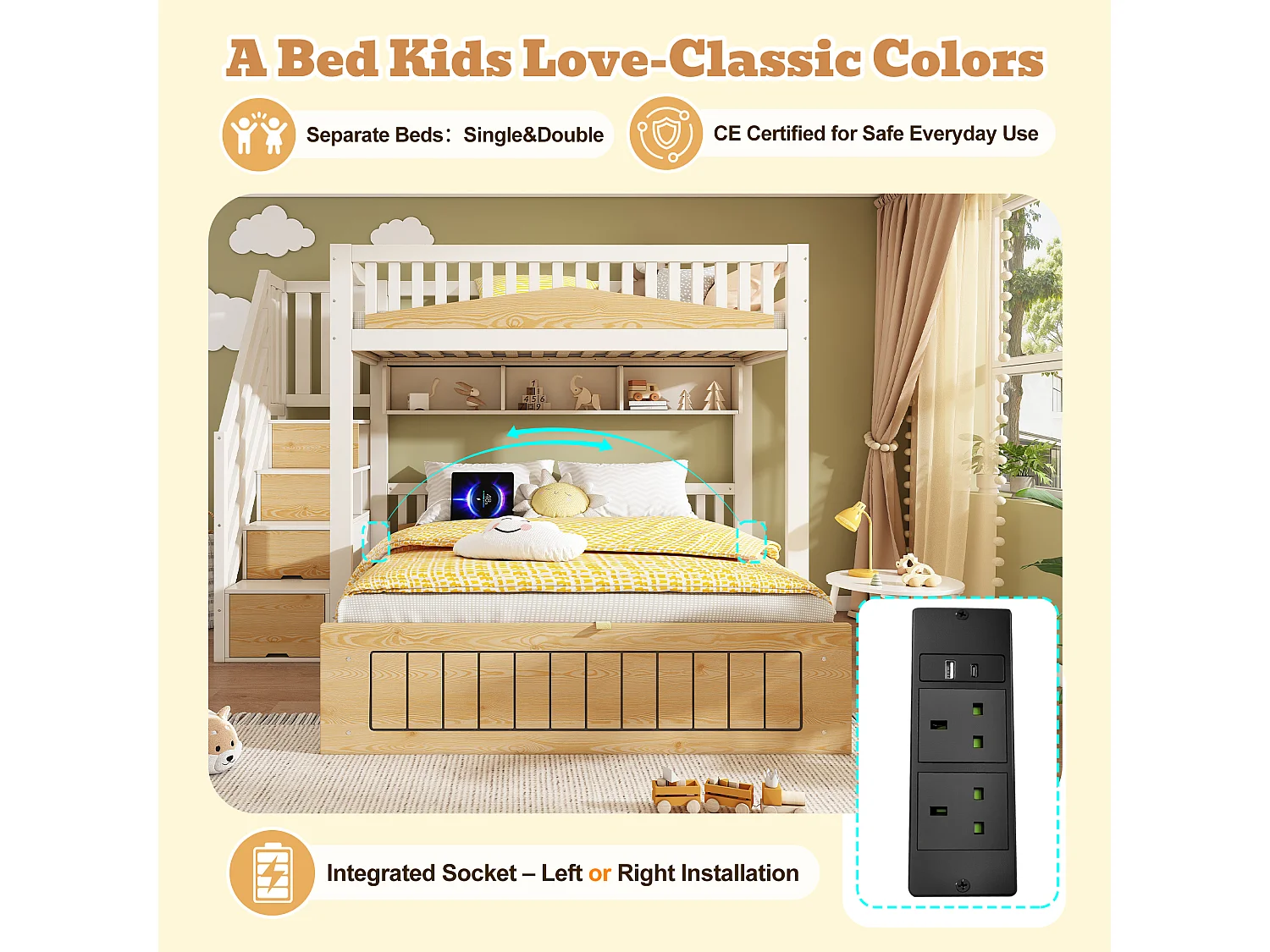 Bunk bed 90x190cm + 135x190cm - Lower bed with storage space - Staircase with storage - with USB port - White+Natural (mattress not included)
