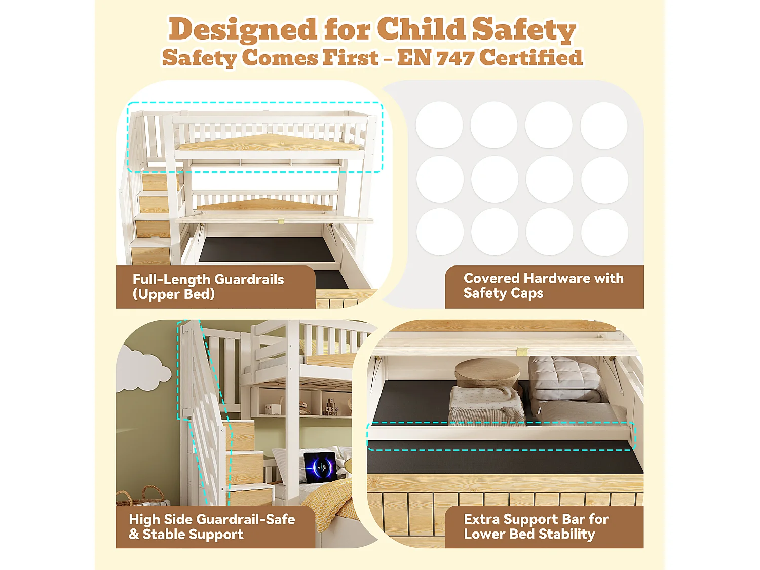 Bunk bed 90x190cm + 135x190cm - Lower bed with storage space - Staircase with storage - with USB port - White+Natural (mattress not included)