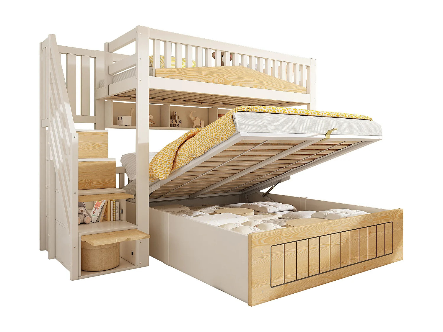 Bunk bed 90x190cm + 135x190cm - Lower bed with storage space - Staircase with storage - with USB port - White+Natural (mattress not included)