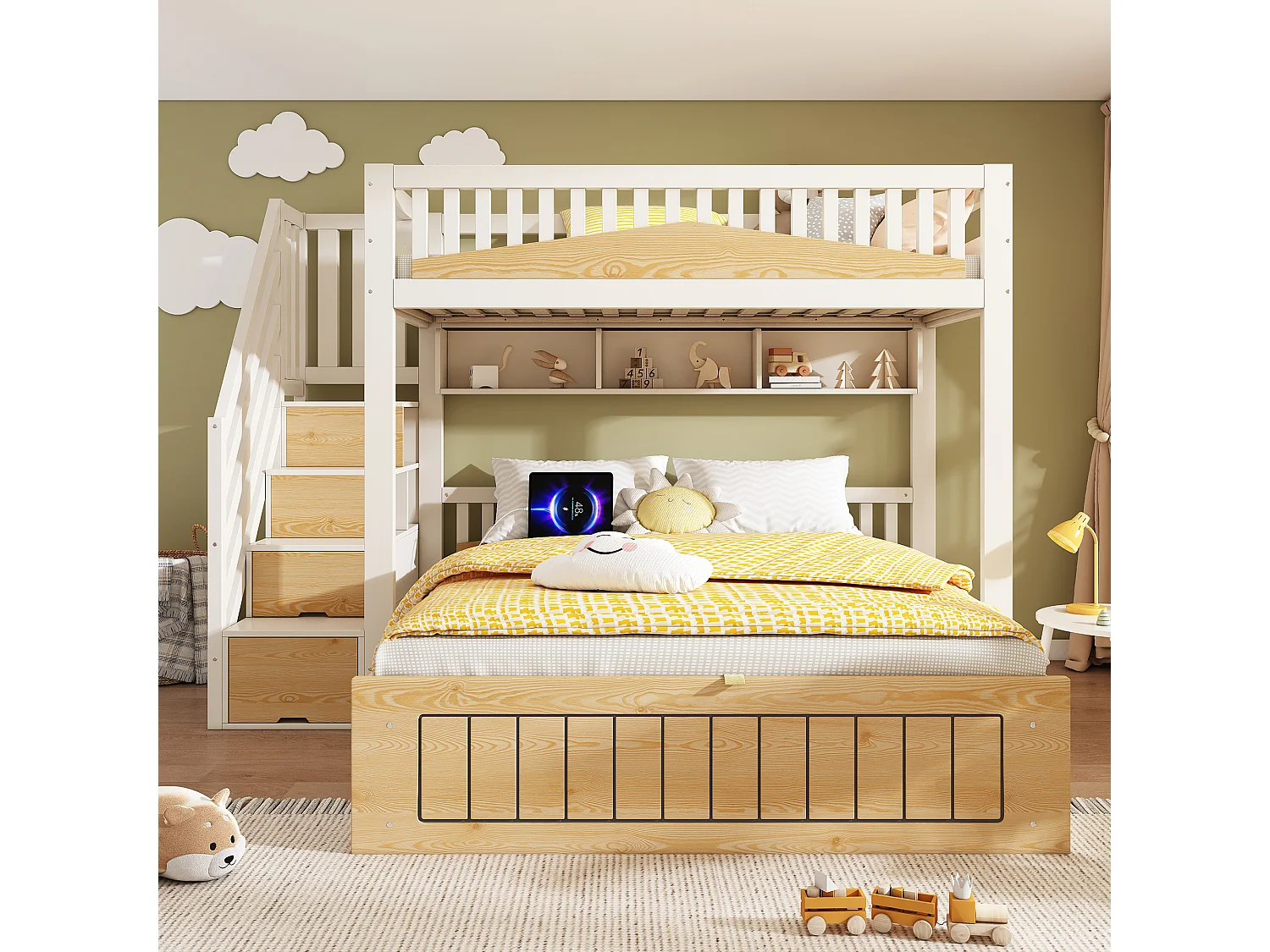 Bunk bed 90x190cm + 135x190cm - Lower bed with storage space - Staircase with storage - with USB port - White+Natural (mattress not included)