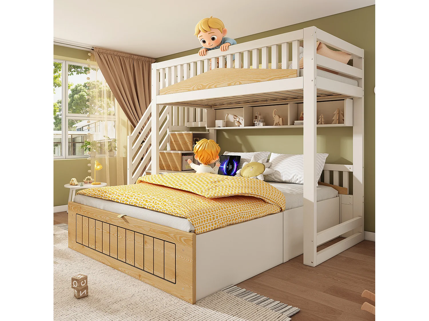 Bunk bed 90x190cm + 135x190cm - Lower bed with storage space - Staircase with storage - with USB port - White+Natural (mattress not included)