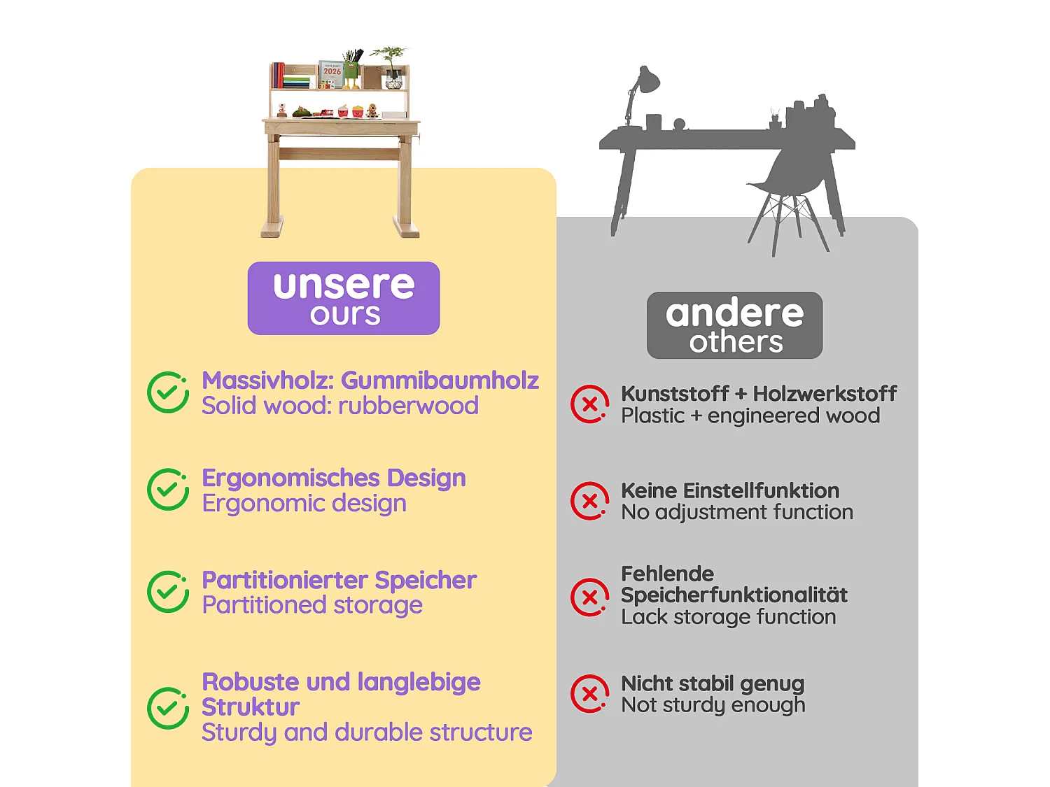 Højdejusterbart børneskrivebord - sammenklappeligt skrivebord (0°-43°) - med opbevaringsplads - velegnet til børn fra 6 år - massivt træ - natur