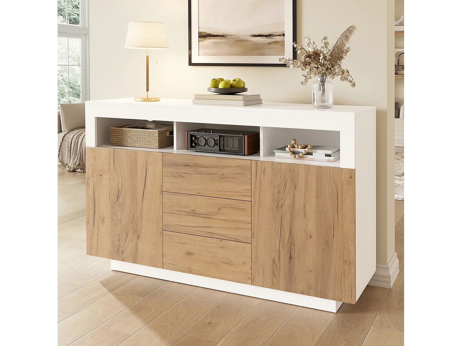 Buffet moderne 140 × 40 × 85 cm - avec 3 tiroirs et 2 portes - couleur bois naturel + blanc