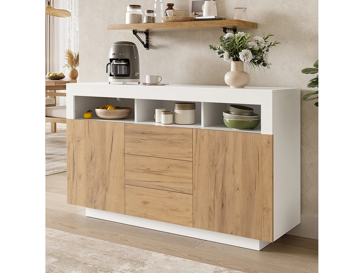 Buffet moderne 140 × 40 × 85 cm - avec 3 tiroirs et 2 portes - couleur bois naturel + blanc