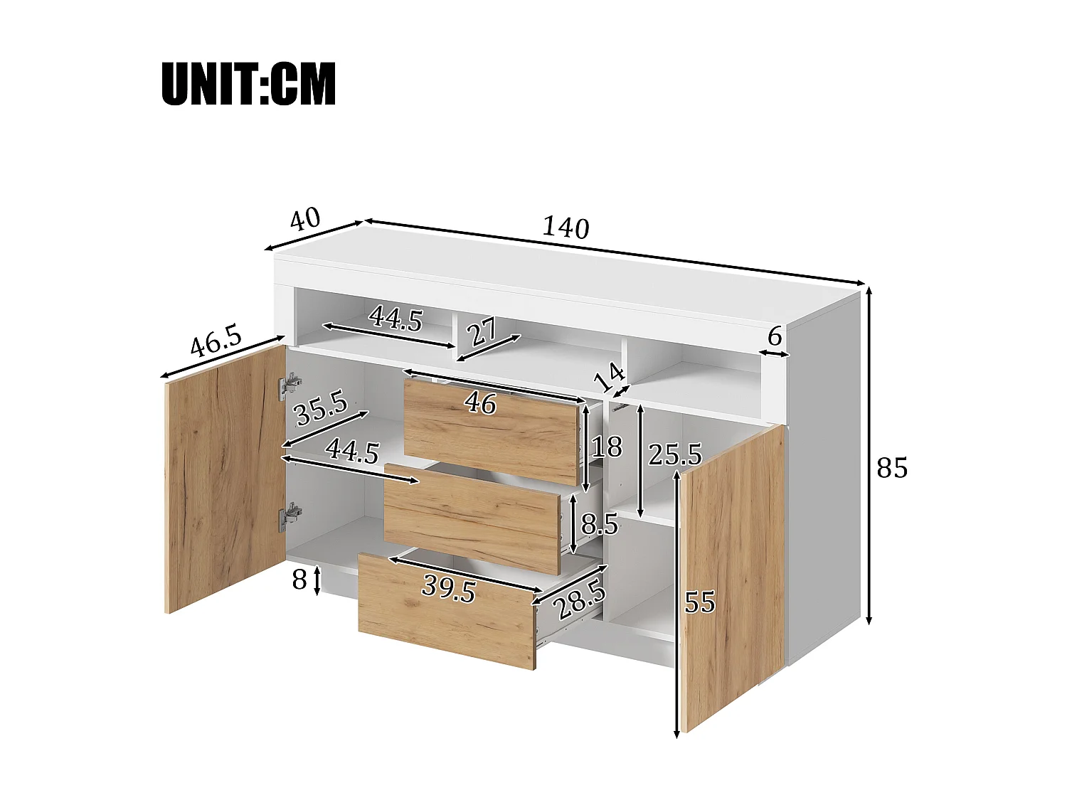 Buffet moderne 140 × 40 × 85 cm - avec 3 tiroirs et 2 portes - couleur bois naturel + blanc