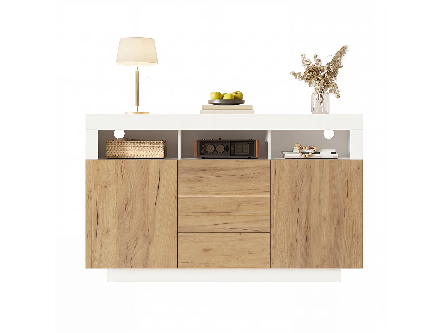 Buffet moderne 140 × 40 × 85 cm - avec 3 tiroirs et 2 portes - couleur bois naturel + blanc