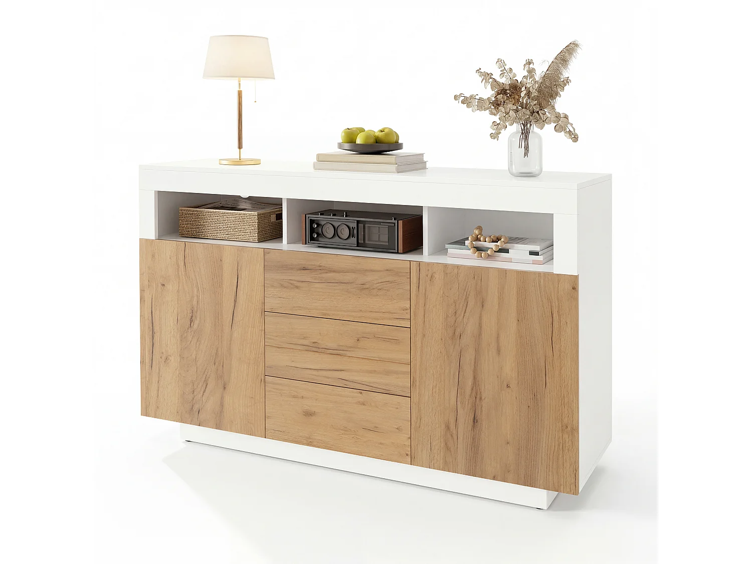 Buffet moderne 140 × 40 × 85 cm - avec 3 tiroirs et 2 portes - couleur bois naturel + blanc