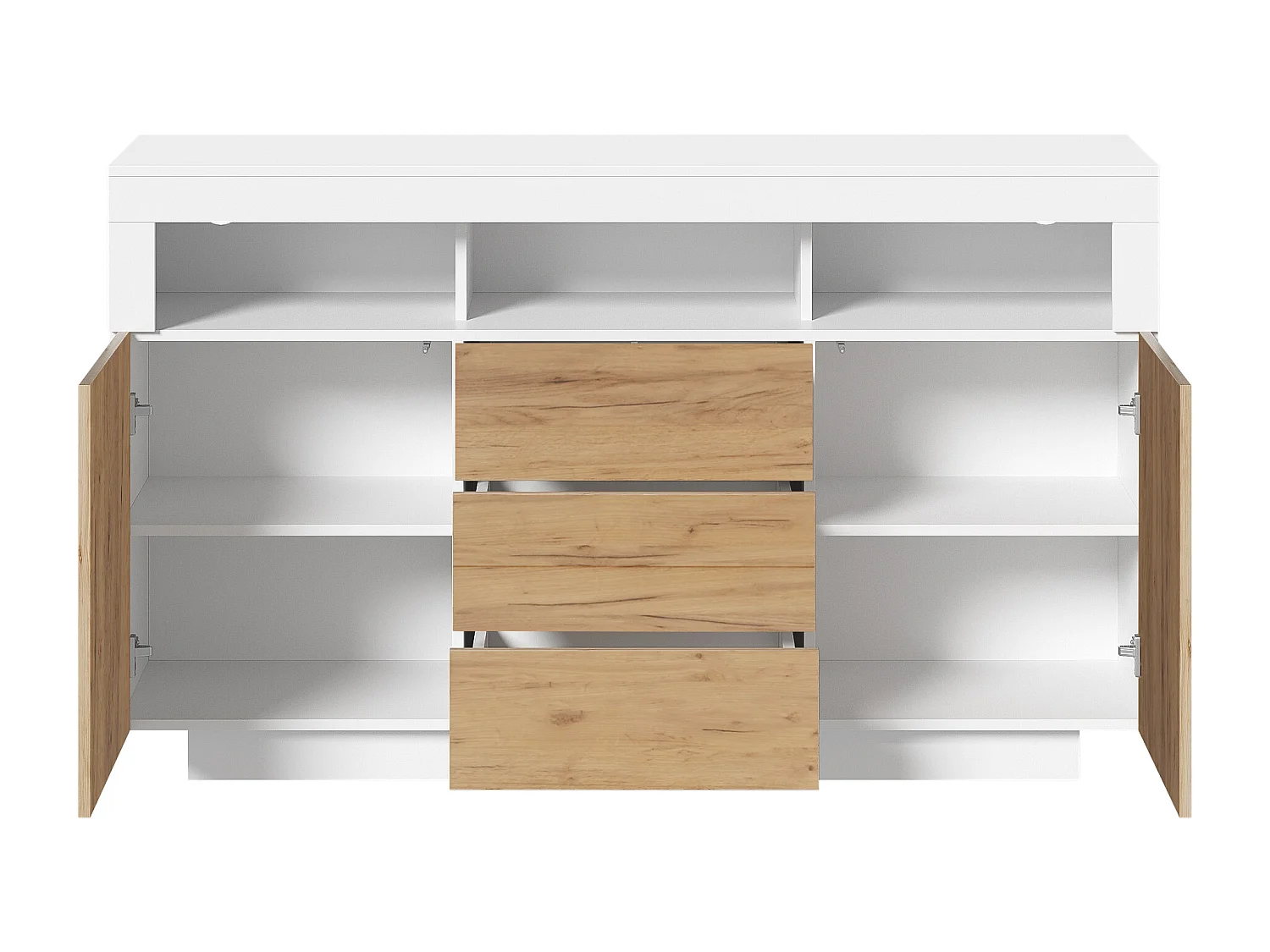 Buffet moderne 140 × 40 × 85 cm - avec 3 tiroirs et 2 portes - couleur bois naturel + blanc