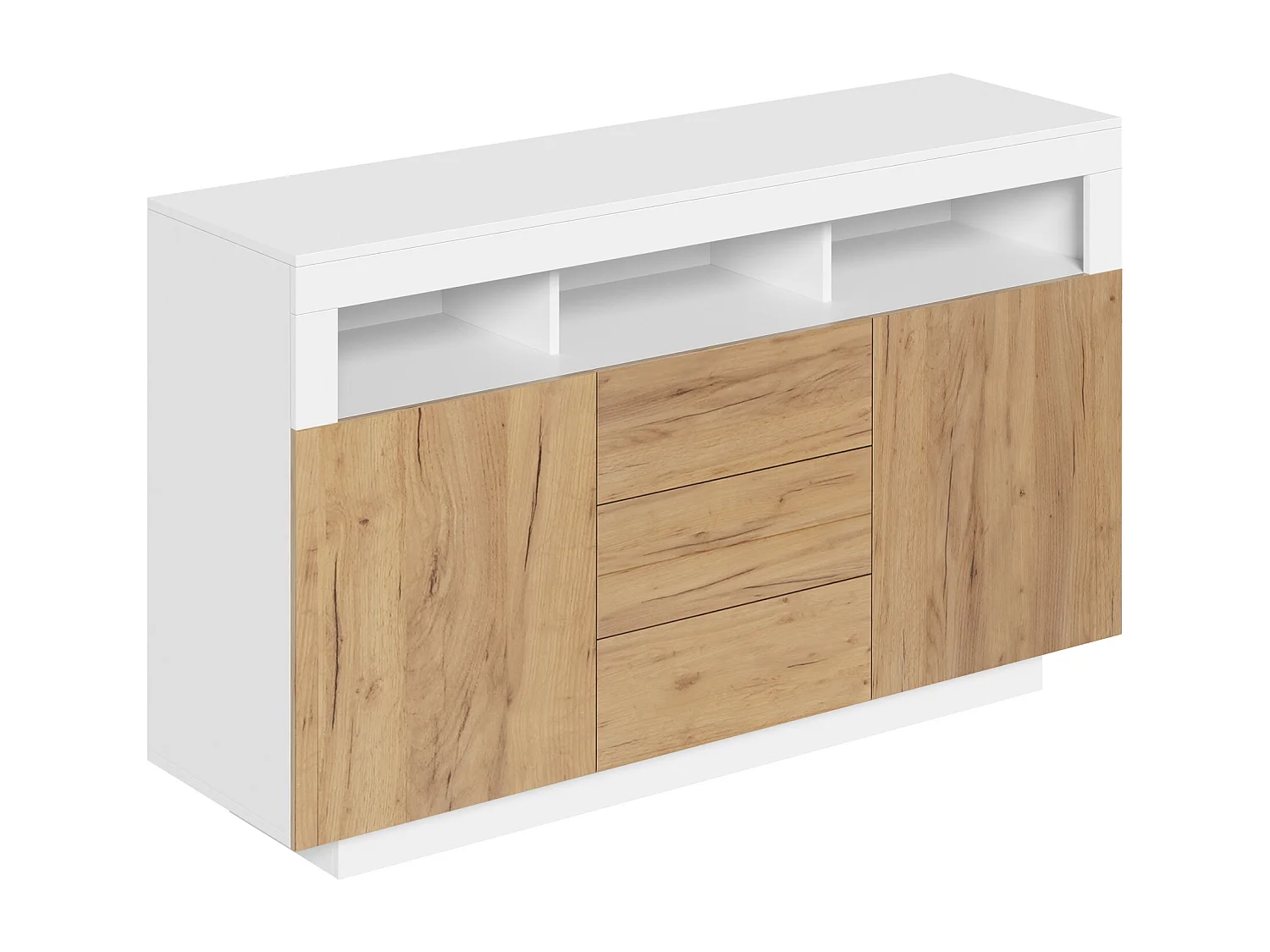 Buffet moderne 140 × 40 × 85 cm - avec 3 tiroirs et 2 portes - couleur bois naturel + blanc