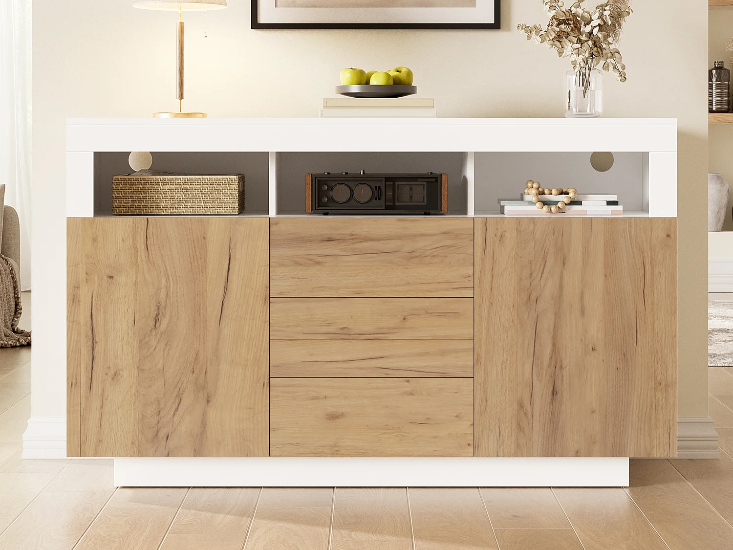 Buffet moderne 140 × 40 × 85 cm - avec 3 tiroirs et 2 portes - couleur bois naturel + blanc