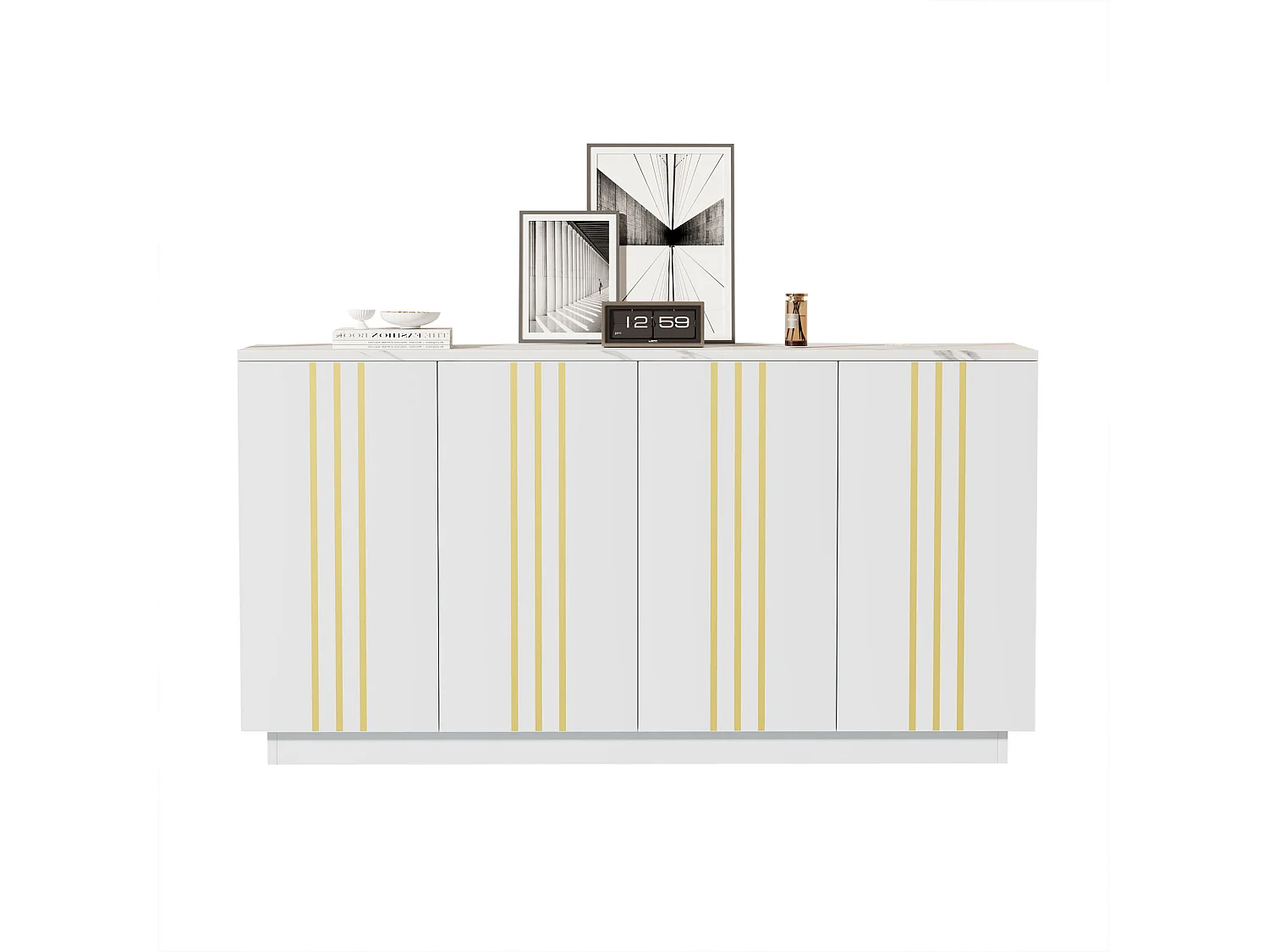Buffet 140x35x70 cm - 4 portes - Finitions dorées - Étagères réglables - Panneaux de particules - Blanc et doré